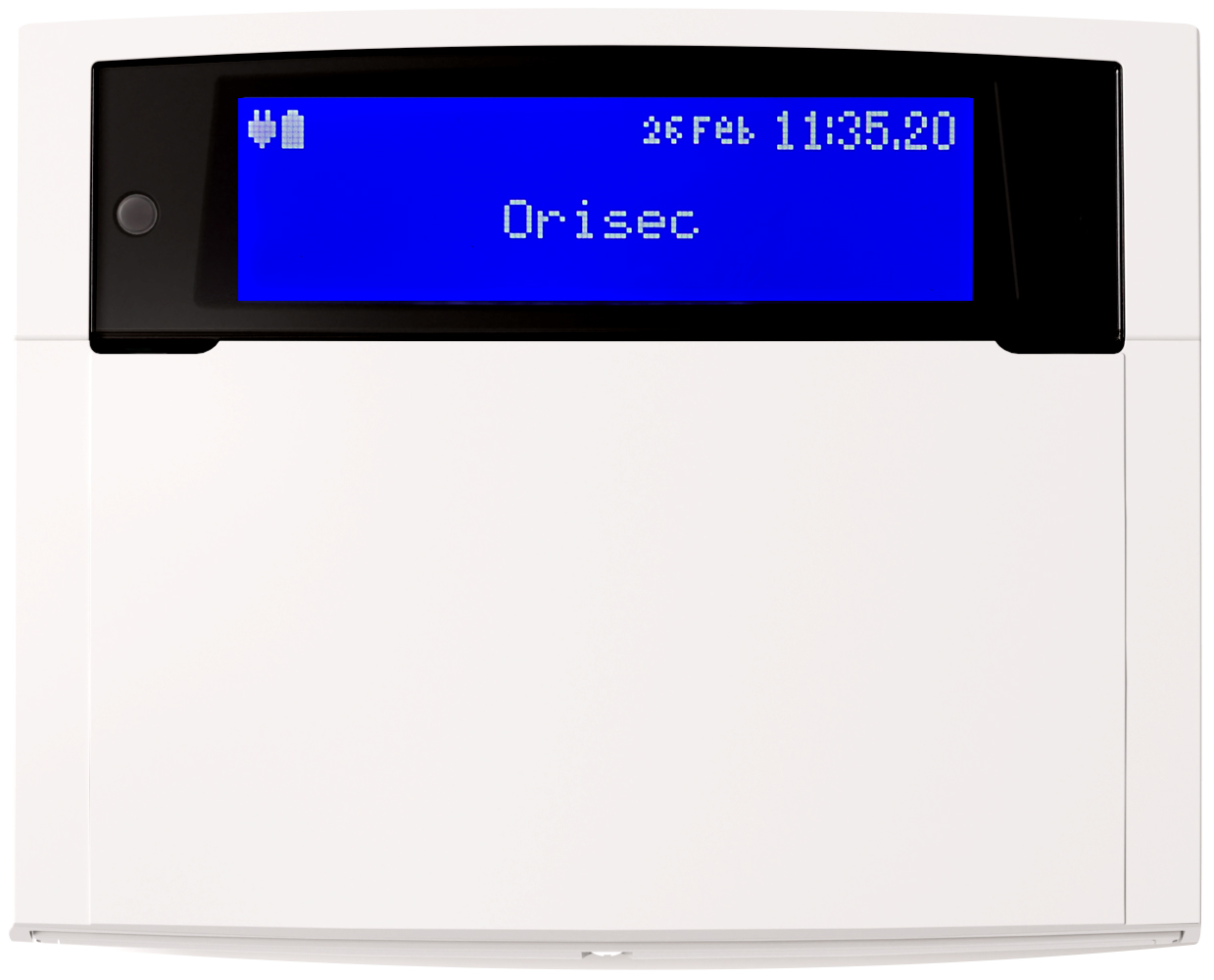 White Orisec RK-850 keypad with its cover closed and blue display